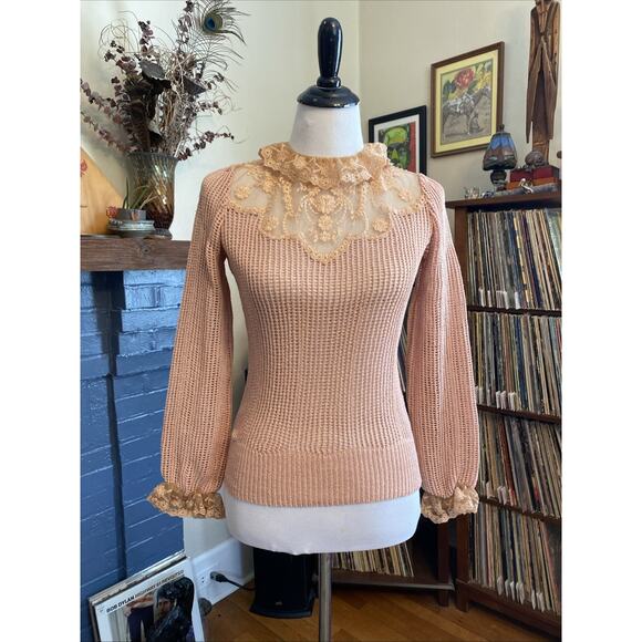Vintage S Richtone New York Lace Crochet Blush Pink Sweater Cottage Prairie 70s - Picture 1 of 14